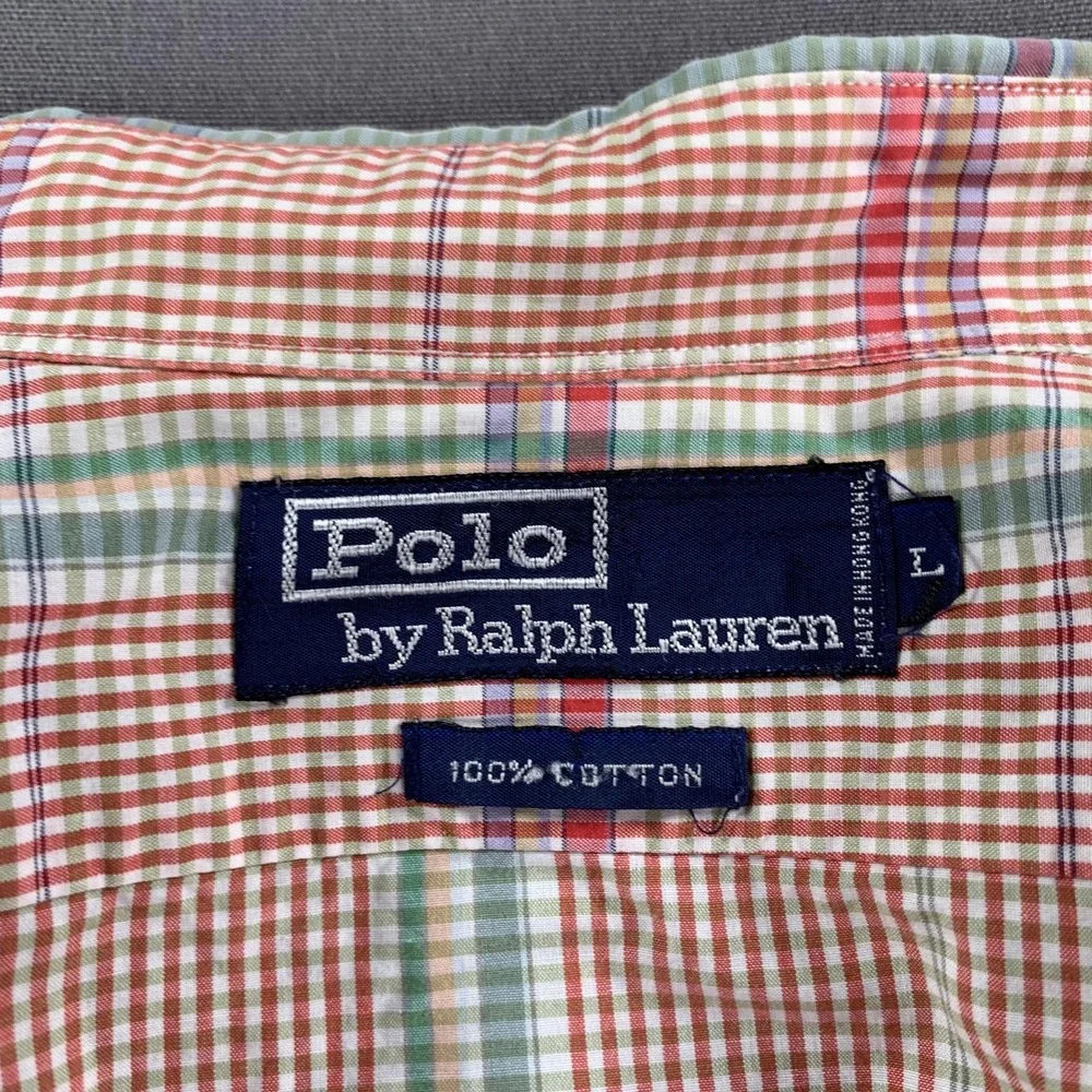 VTG Polo Ralph Lauren Shirt Men LG Pink Madras Plaid Button Down Long Sleeve 90s